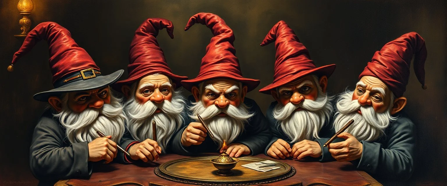 master oil painting by Rembrandt, magia mafia spy gnomes soap opera poster