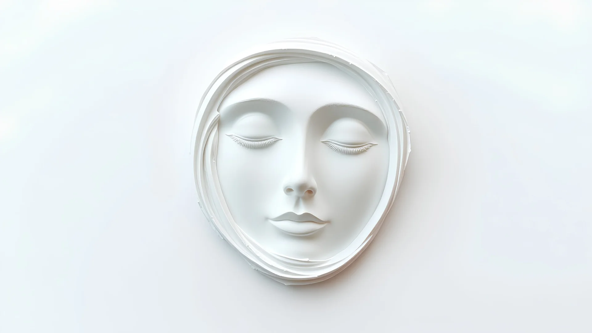 a three-dimensional face made of thick white paint, on a simple white background, minimalist style, rough texture, smooth curves and subtle details. The head is slightly tilted to one side, with eyes closed and an elegant expression.