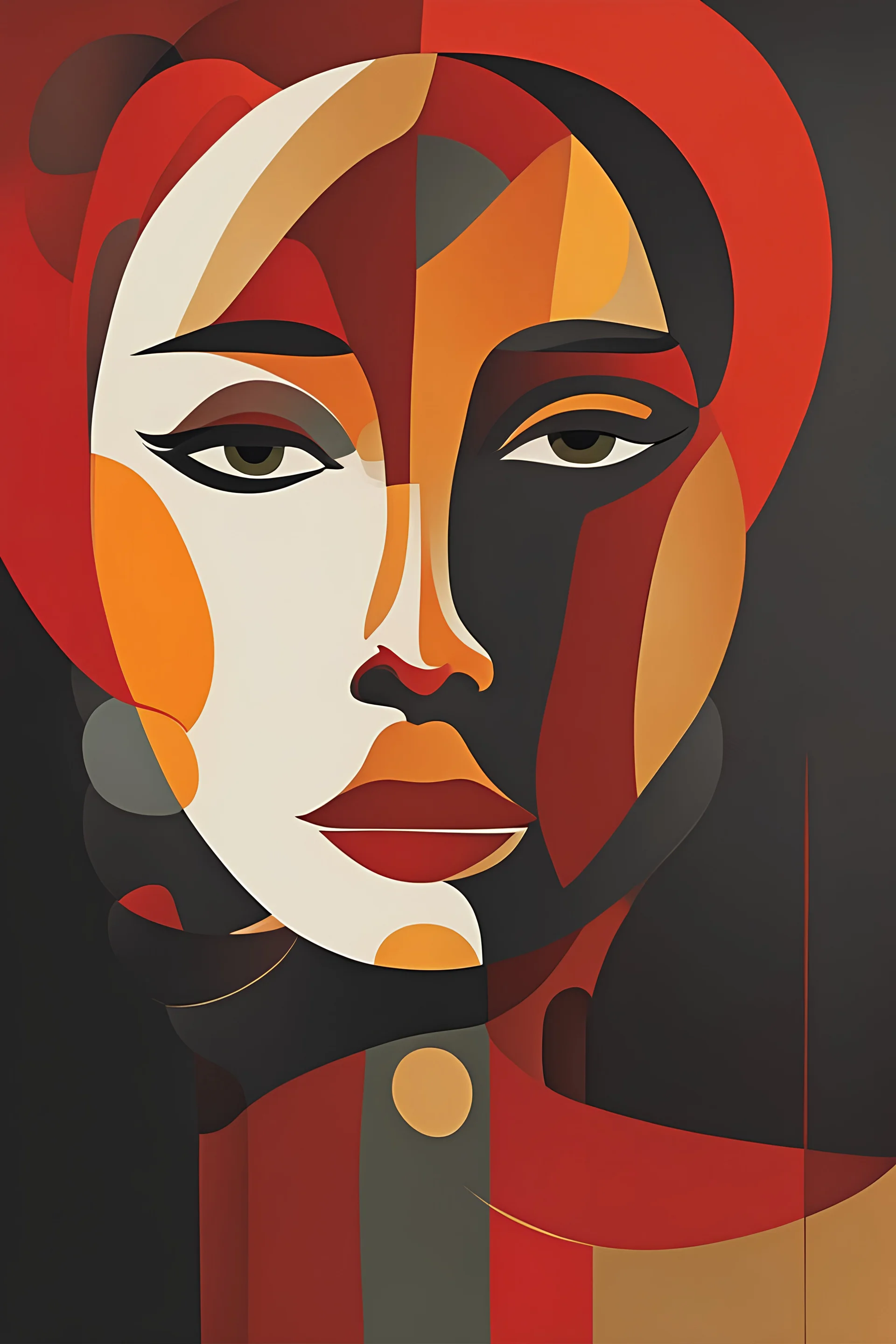 "midcentury minimalist modern digital boho Abstraction of face art" - Create an artwork that symbolizes art of our digital lives, using abstract shapes and lines, dark background, red color, beyond the limits