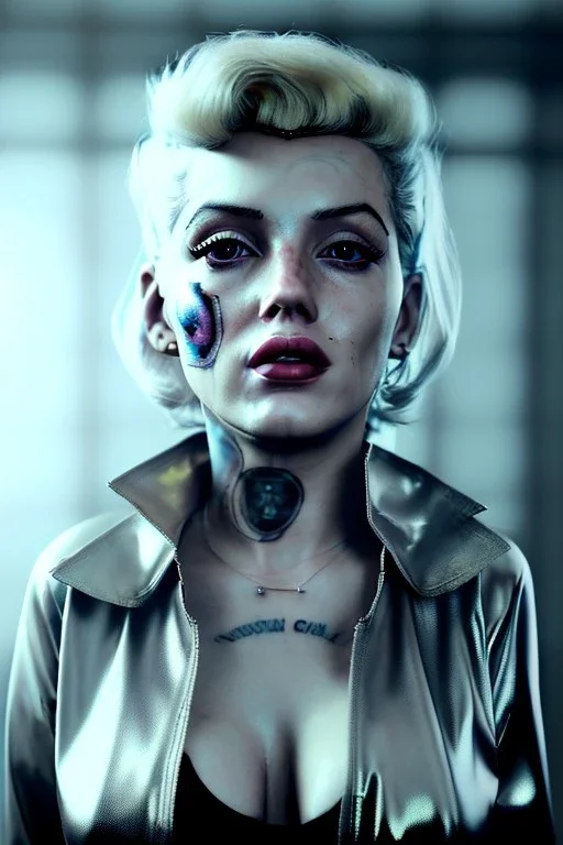 Ultra Realistic image, portrait, blonde woman, sweet Marylin Monroe face, perfect iris, glow eyes, makeup. Cyberpunk style, oversized transparent latex coat, yakuza tattoos.fog, rain, soft color, highly detailed, unreal engine 5, ray tracing, RTX, lumen lighting, ultra detail, volumetric lighting, 3d, finely drawn, high definition, high resolution.