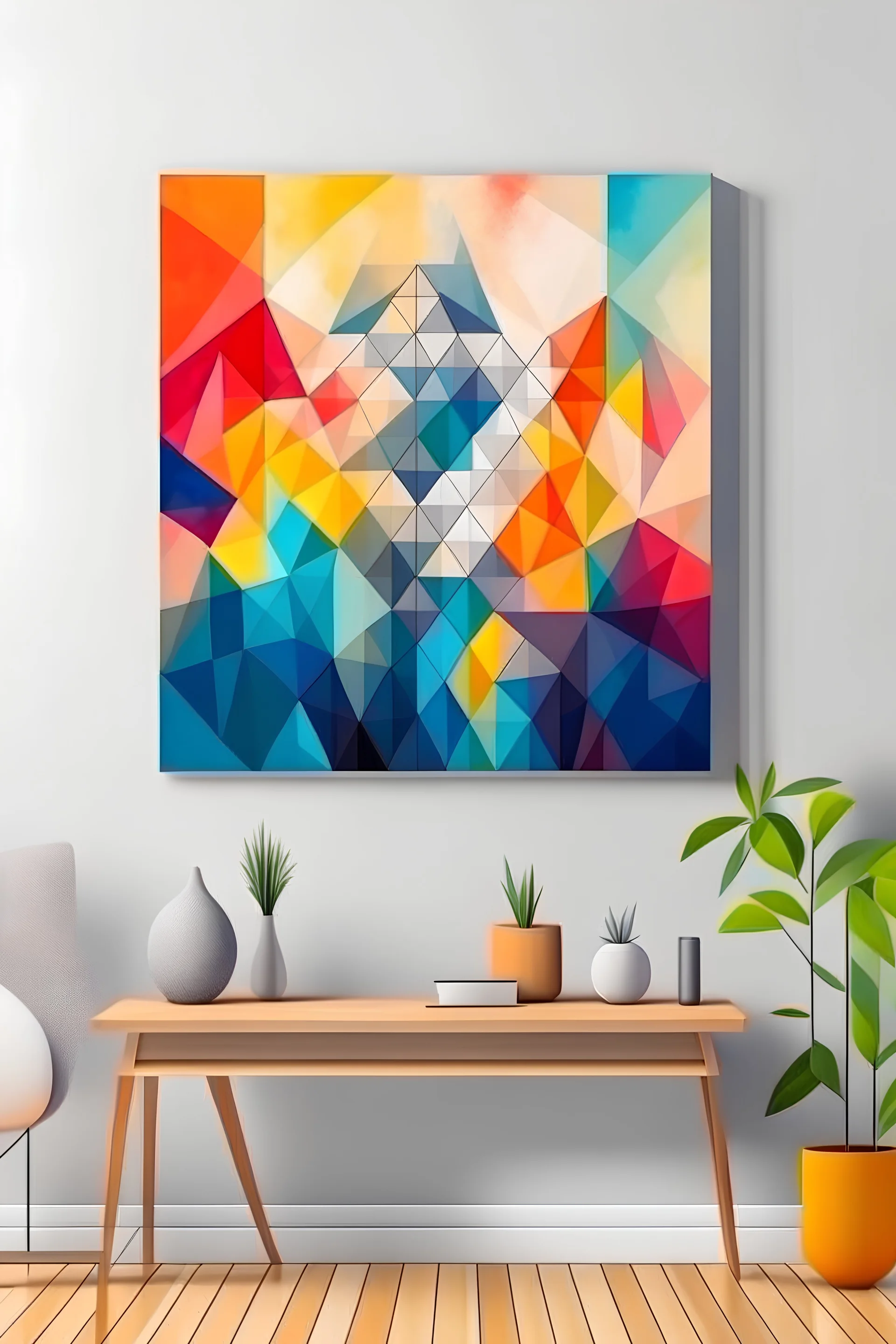 Create a handpainted geometric canvas painting with abstract representations of auras using geometric forms on a canvas mockup in a space