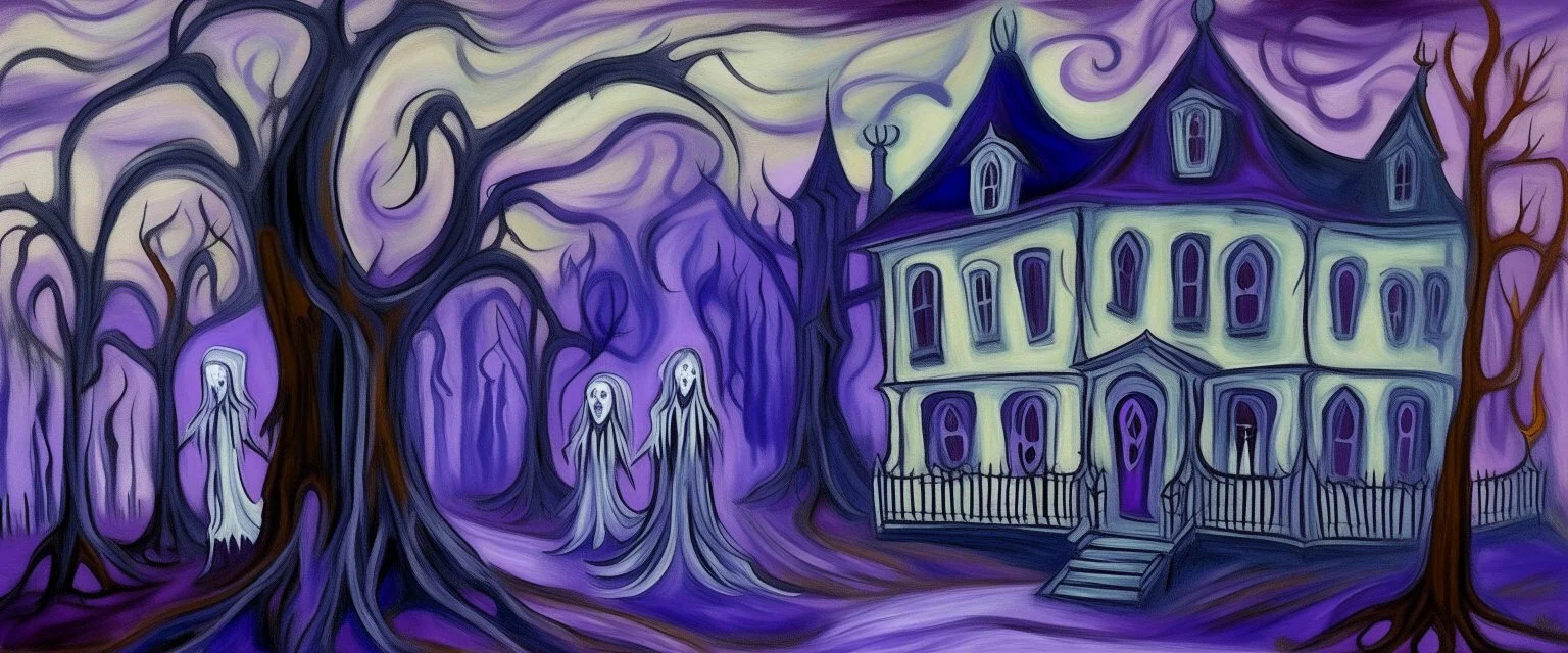 A purple haunted mansion with ghostly fairies painted by Edvard Munch