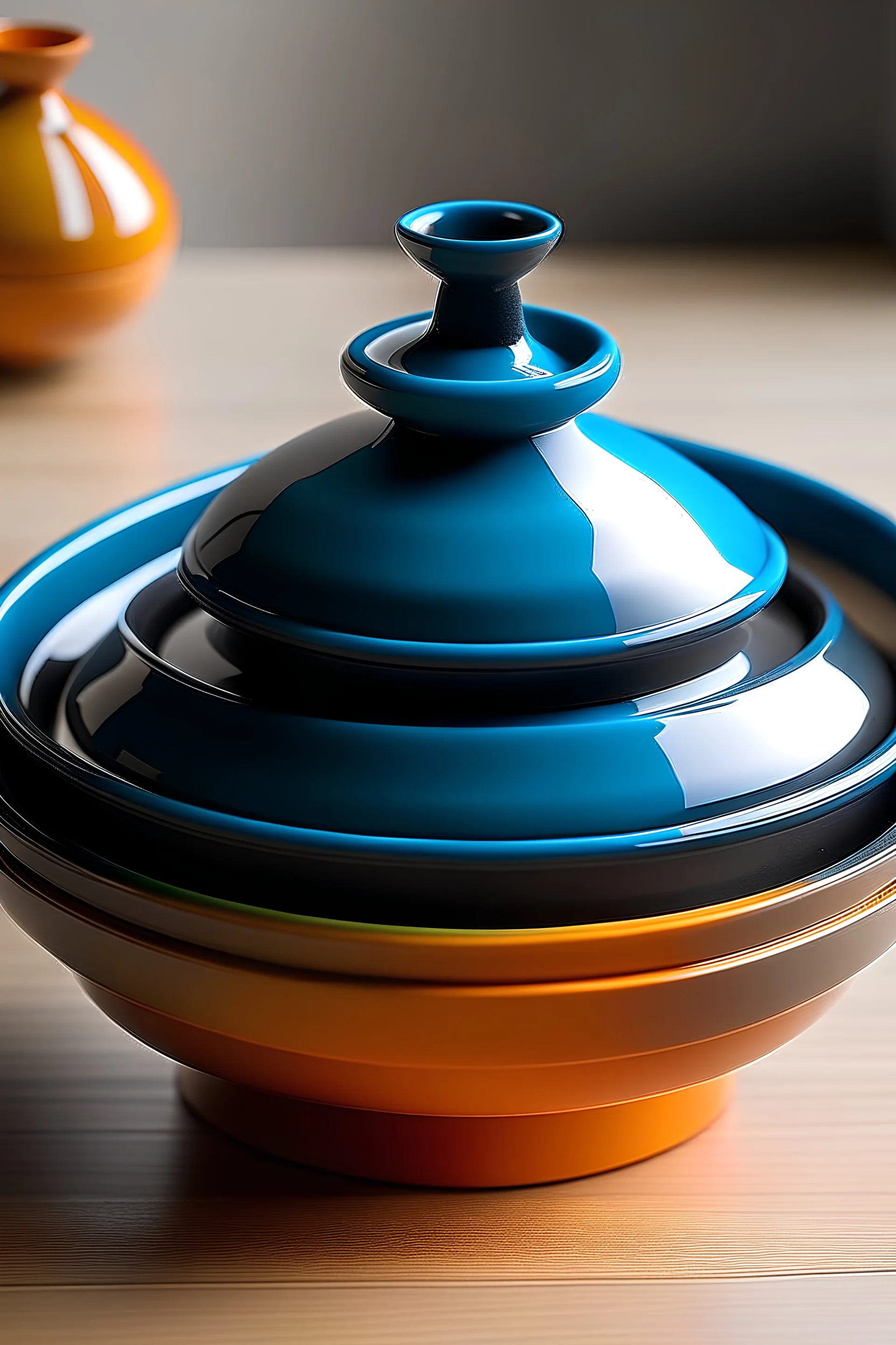 crea un tajine doppio uno sopra l'altro in ghisa colorata smaltata di design semplice ed essenziale, less is more. la forma deve essere conica alta