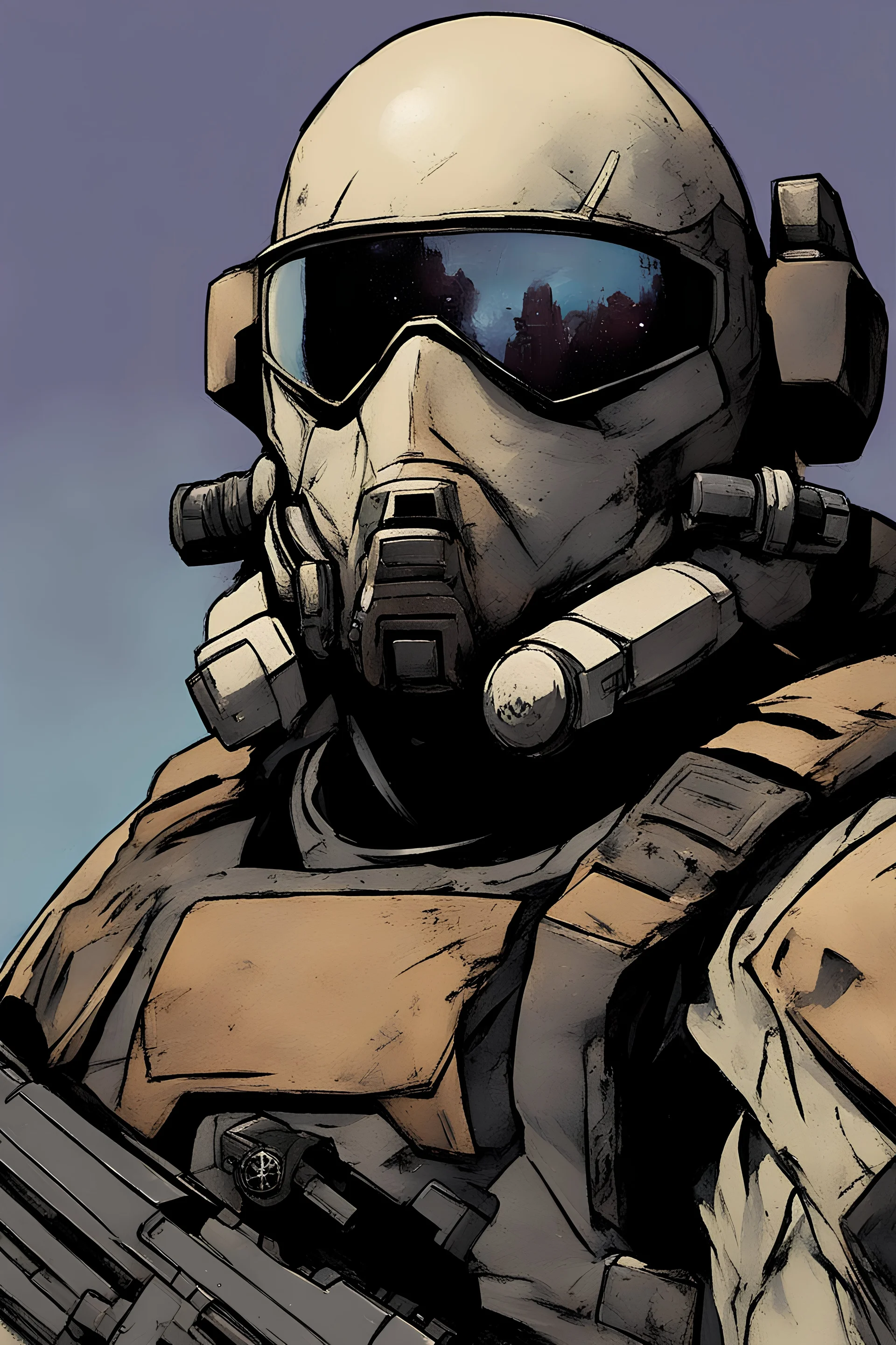 A bald rugged soldier with a short thick black beard wearing a ODST armour looking out upon a desert planet art style Alex Maleev