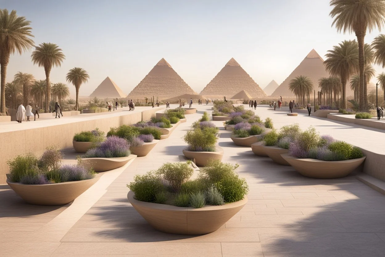 urban design tourist walkway in eygpt with Giza Pyramids , modern street seating , planters