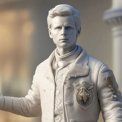 White marble sculpture Marty mcfly, full body, full of details, realistic, Rome sculpture style,bokeh, hight definition, 8k, symmetric face, perfect eyes