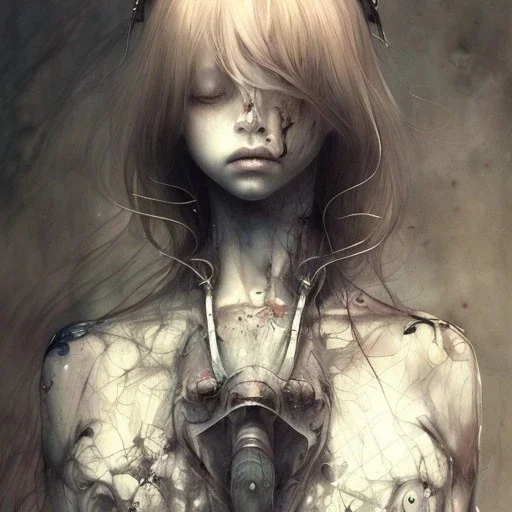 body anormal cry blood girl cute, watercolor illustration by <agnes cecile> <John Kenn Mortensen> <Yoji Shinkawa>,