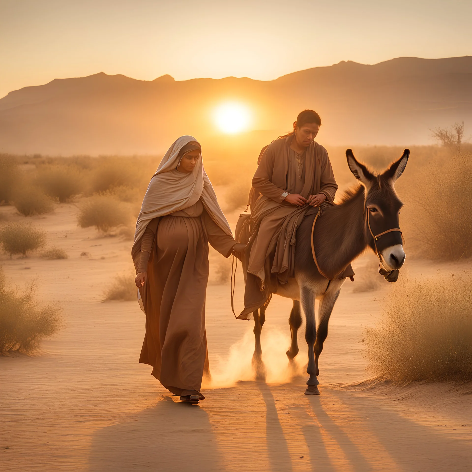 AN EXTREMELY REALISTIC IMAGE OF A man wearing a brown tunic and walking beside a donkey, A pregnant virgin Mary is riding the donkey, they are travelling in the desert in crepuscular lighting, sun is setting, zeiss lens, ultra realistic, f/8.5, 10mm Lens" 8k uhd, dslr, Dramatic Rim light, high quality, Fujifilm XT3 , HDRI