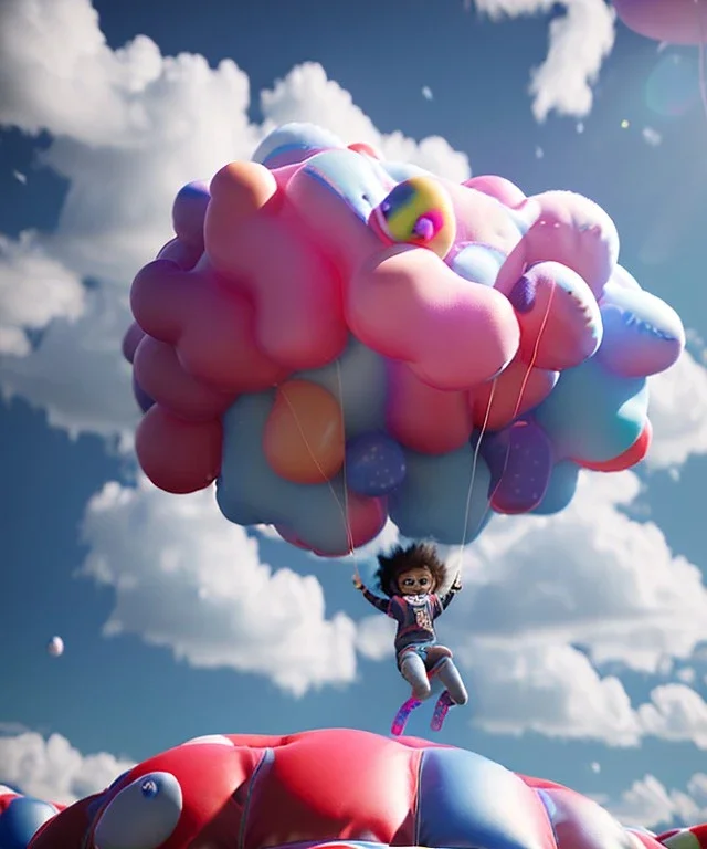 Ultra realistic clouds sky scene, wide angle, sweet childs falling down, inflatable color clothing, free jumping flying, many trinkets, monster hair, hair monster, many jelly beans, balls, smile, happy, circus style, extreme, wind, clouds sea, 20,000 feet altitude, stratosphere, soft color, highly detailed, unreal engine 5, ray tracing, RTX, lumen lighting, ultra detail, volumetric lighting, 3d, finely drawn, high definition, high resolution.