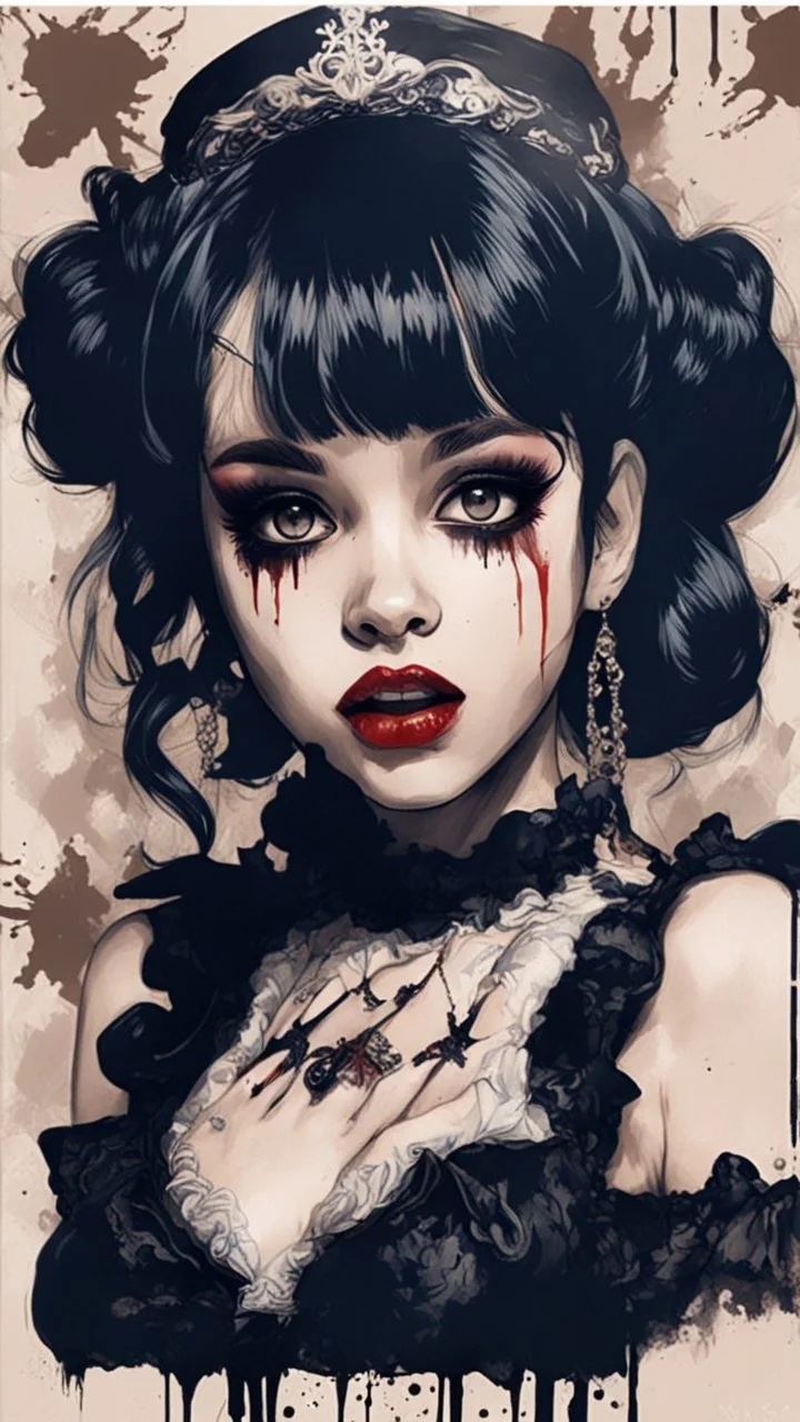 Poster in two gradually, a one side malevolent goth vampire girl face and other side the Singer Melanie Martinez face, full body, painting by Yoji Shinkawa, darkblue and sepia tones,