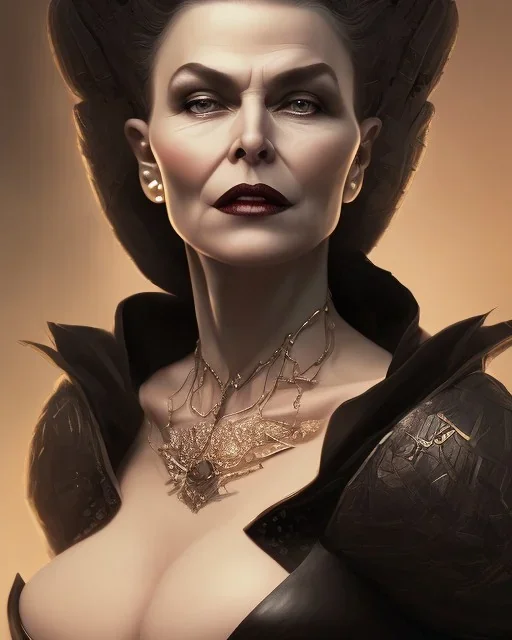 old evil queen in black leather gown, femme fatale, volouptous, busty, cleavage, angry, emperious, 8k resolution concept art portrait by Greg Rutkowski,