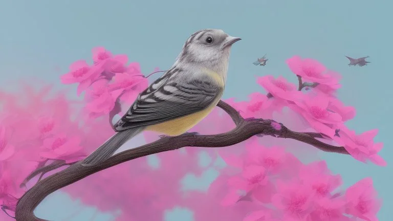 A bird drawing in a tree with a lot of pink flowers.
