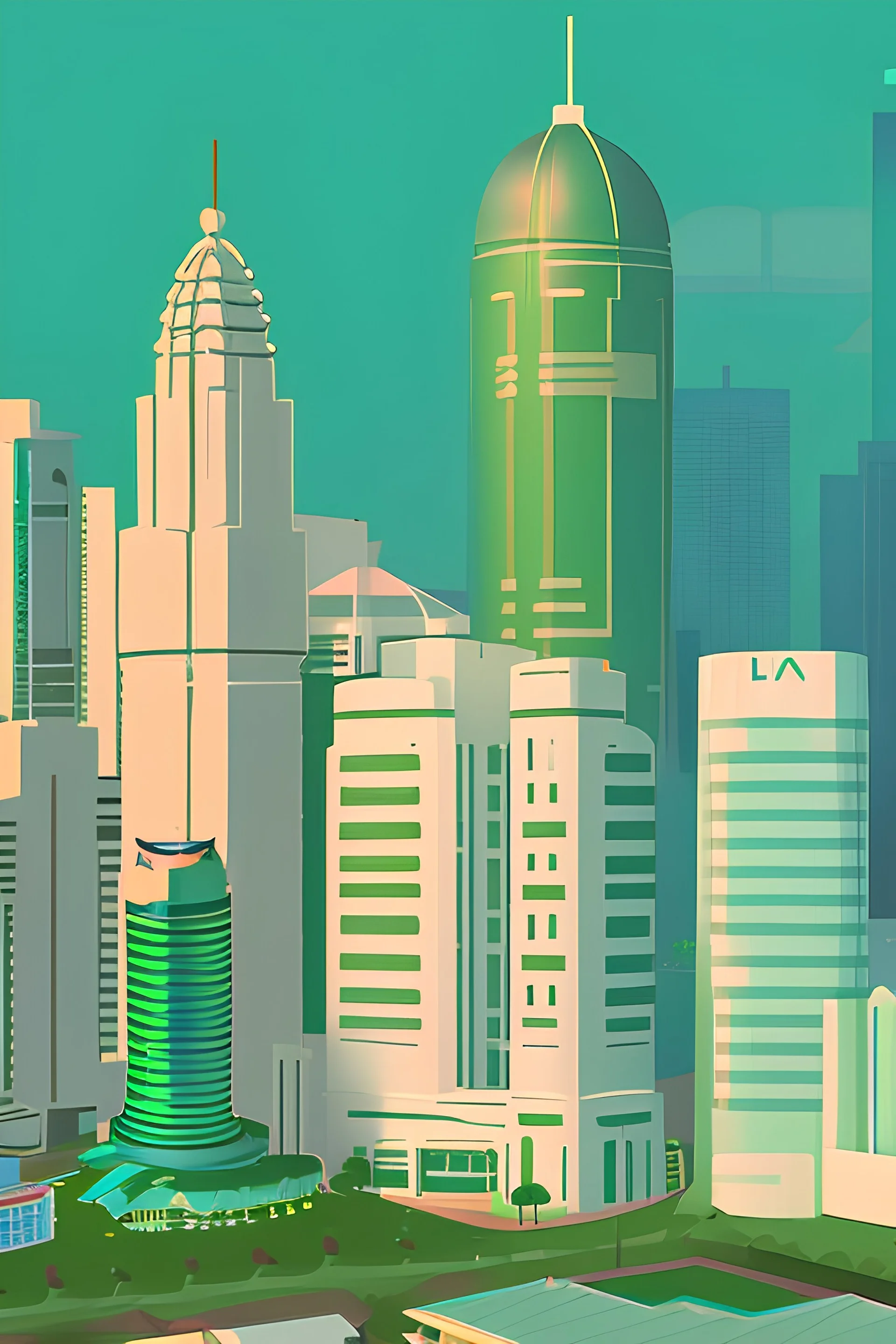 the city of kuala lumpur ui illustration, 4k, bottom-positioned, green pastel theme