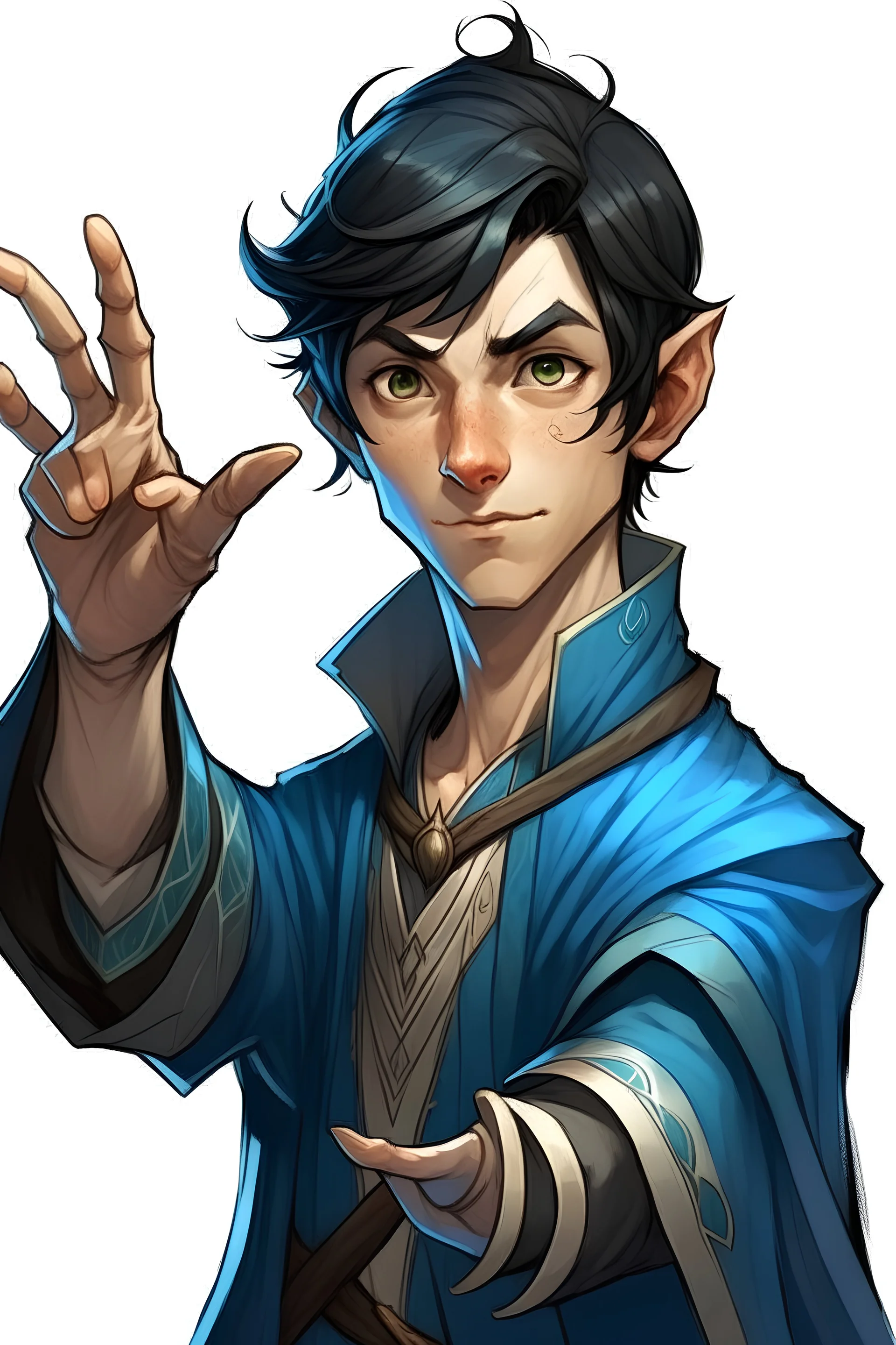 a young half elf man sea sorcerer black hair, small pointy ears and blue eyes. Pointing a finger and thumb like a gun