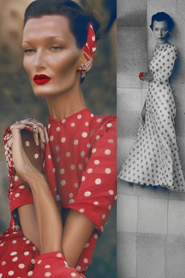 Behold the majestic Bella Hadid a striking figure draped in elegance and refinement as she channels the timeless style of the beloved Princess Margaret during her visit to the exotic land of Trinidad in 1955 donning a ravishing red polka dot dress that effortlessly showcases her effortless grace and a pair of pristine white gloves that exude regal sophistication all while strutting down the illustrious Rodarte catwalk with a confidence that leaves mere mortals in awe and admiration