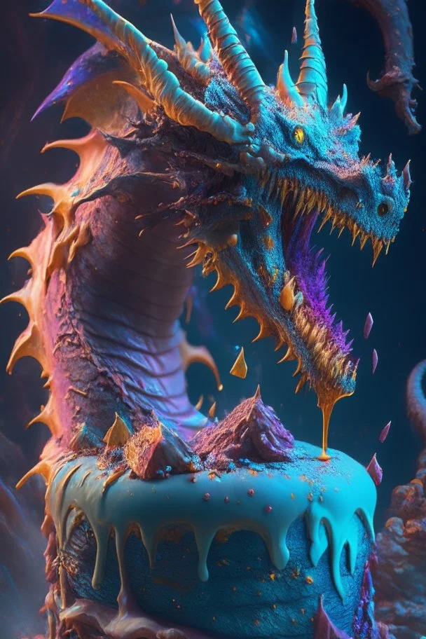 Dragon covered in cake alien,FHD, detailed matte painting, deep color, fantastical, intricate detail, splash screen, complementary colors, fantasy concept art, 32k resolution trending on Artstation Unreal Engine 5