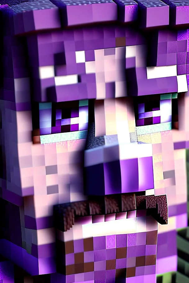 a close-up portrait of a purple Minecraft face, farmer, 3d, large pixel style