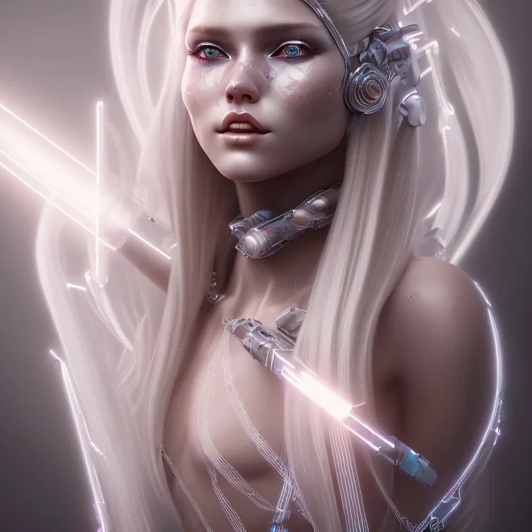 A beautiful portrait of a cute smiling cyberpunk woman, long blond platinum hair, high key lighting, volumetric light high details with white stripes and feathers and white celtic paterns, beam starry background