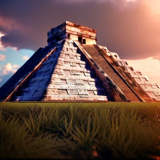 Chichen Itza, sunset, rainbow sunset, waterfall palms twigs spring sunset rainbow bridge birds unreal engine 5, realistic, hyper detailed, 8k