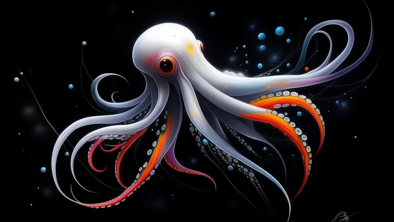 a realistic small white squid with long tentacles floating in a black ocean with bursts of vibrant ink in bright colors surrounding