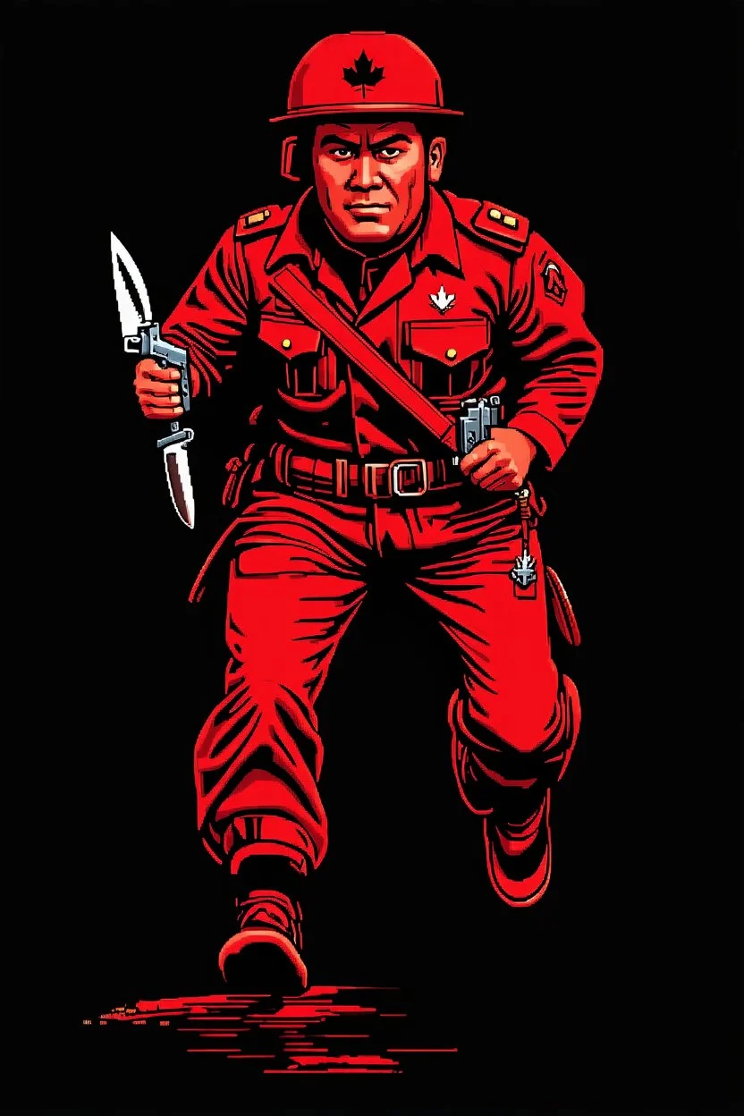 native canadian soldier(uniform and face based on racist steriotypes) running towards viewer, a knife i one hand, and a gun(barrel pointing at viewer) in the other. blocky retro 1960's jack kirby style poster in monochrome with white background