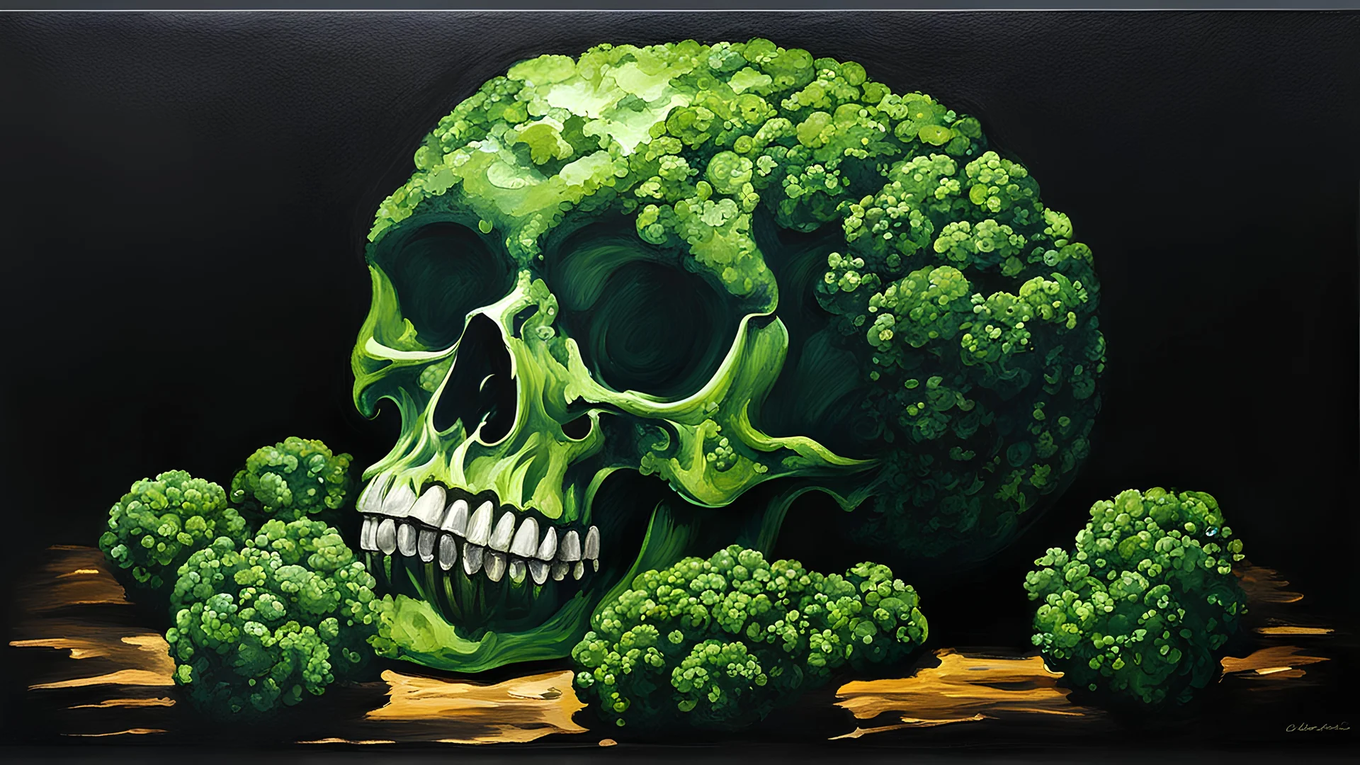 acrylic illustration, acrylic paint, oily sketch, human skull made of broccoli, dark background, backlight