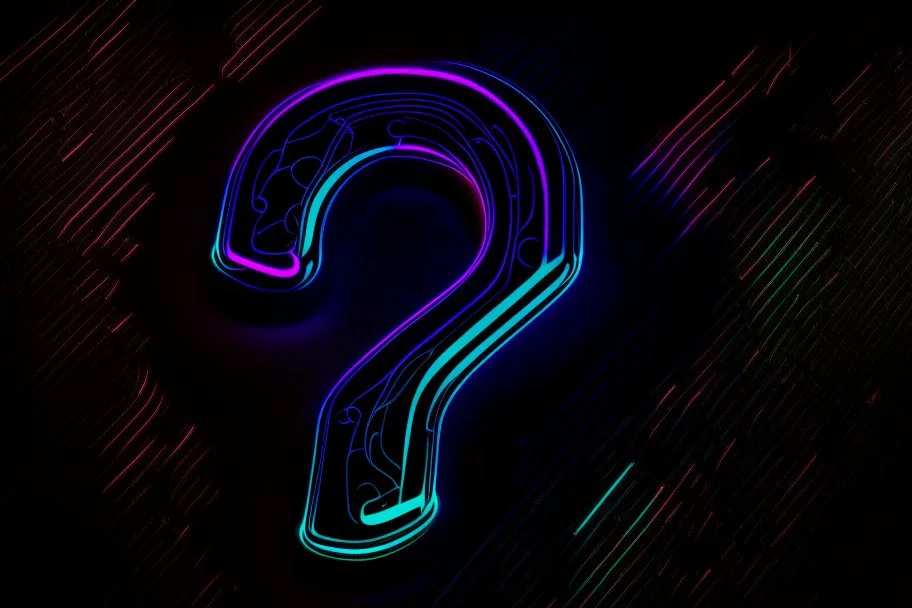 black background, outlines of a holographic question mark drawn from thin neon-coloured glowing lines