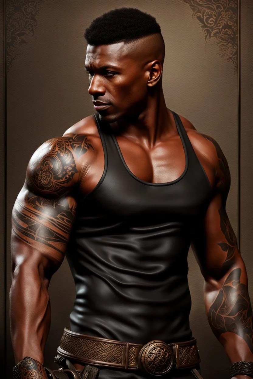 portrait of a 35 year old Handsome muscular mercenary with dark bronze skin adorned with tattoos. photorealistic