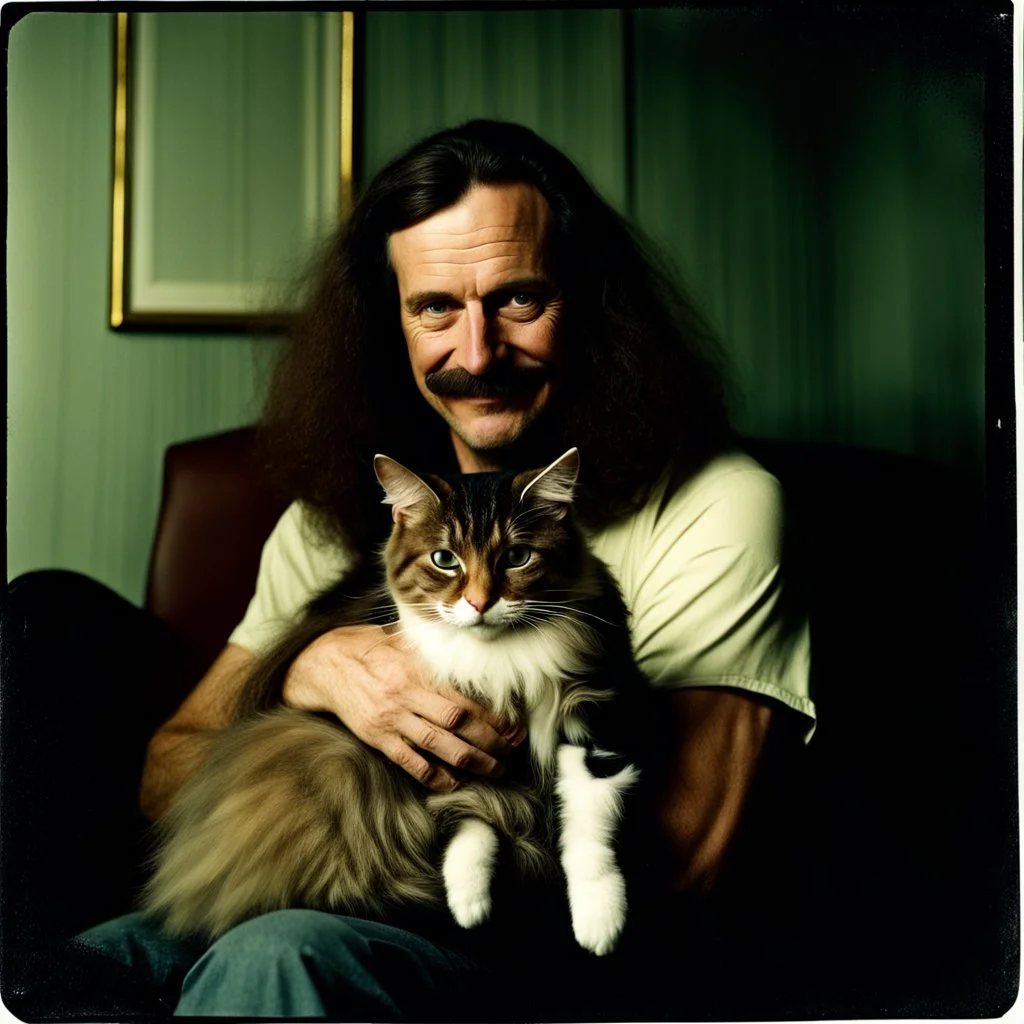 Awkward portrait Photo, 40 years old sitting on chair, weird smiling, long 1970 hair and mustasch, bland polaroid camera, holding a cat