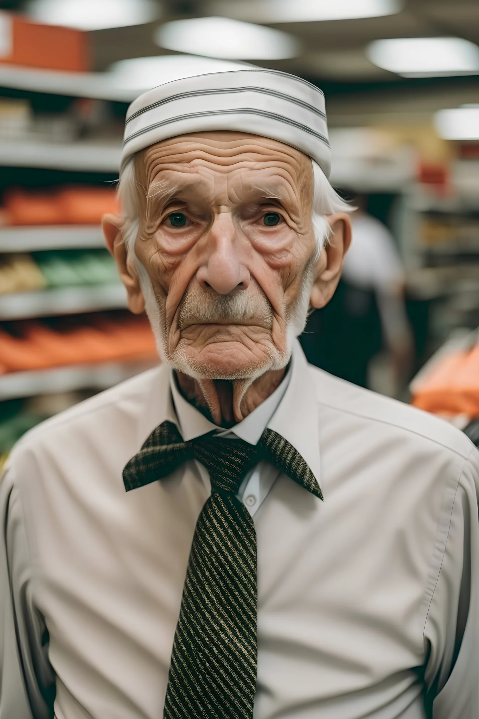 un retrato de un anciano con corbata y un pañuelo en la cabeza en un supermercado