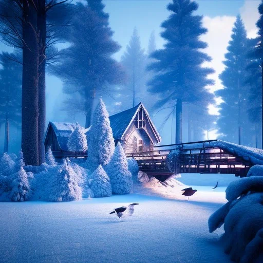 Forest ice winter, bridge birds,live house, deer, unreal engine 5, octane render