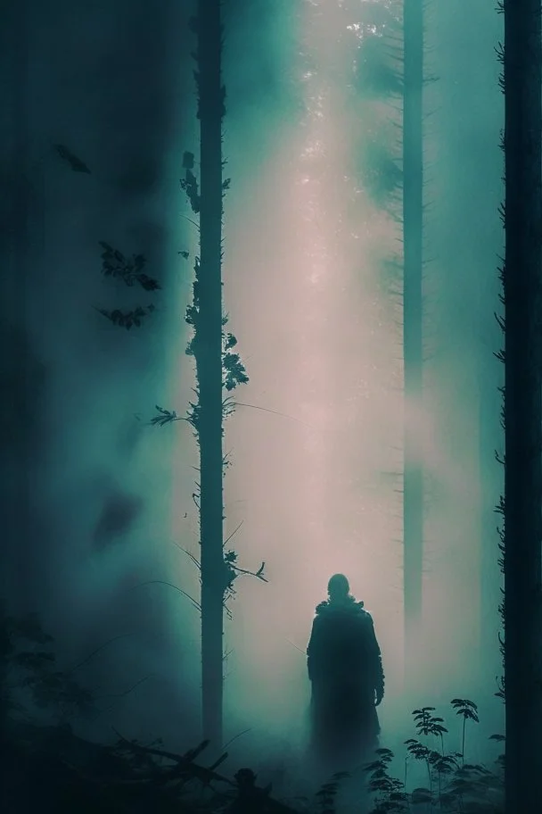 happy in the shadows of the forest, depth of field, old photography, mist, smoke, artstation