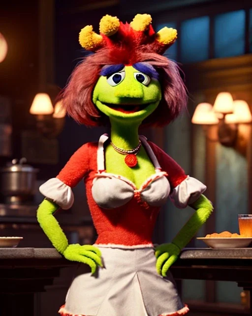 waitress woman with monster muppet mask that covers her entire head, retro style, Sesame Street style, smooth, unreal engine 5, god lights, ray tracing, RTX, lumen lighting, ultra detail, volumetric lighting, 3d.