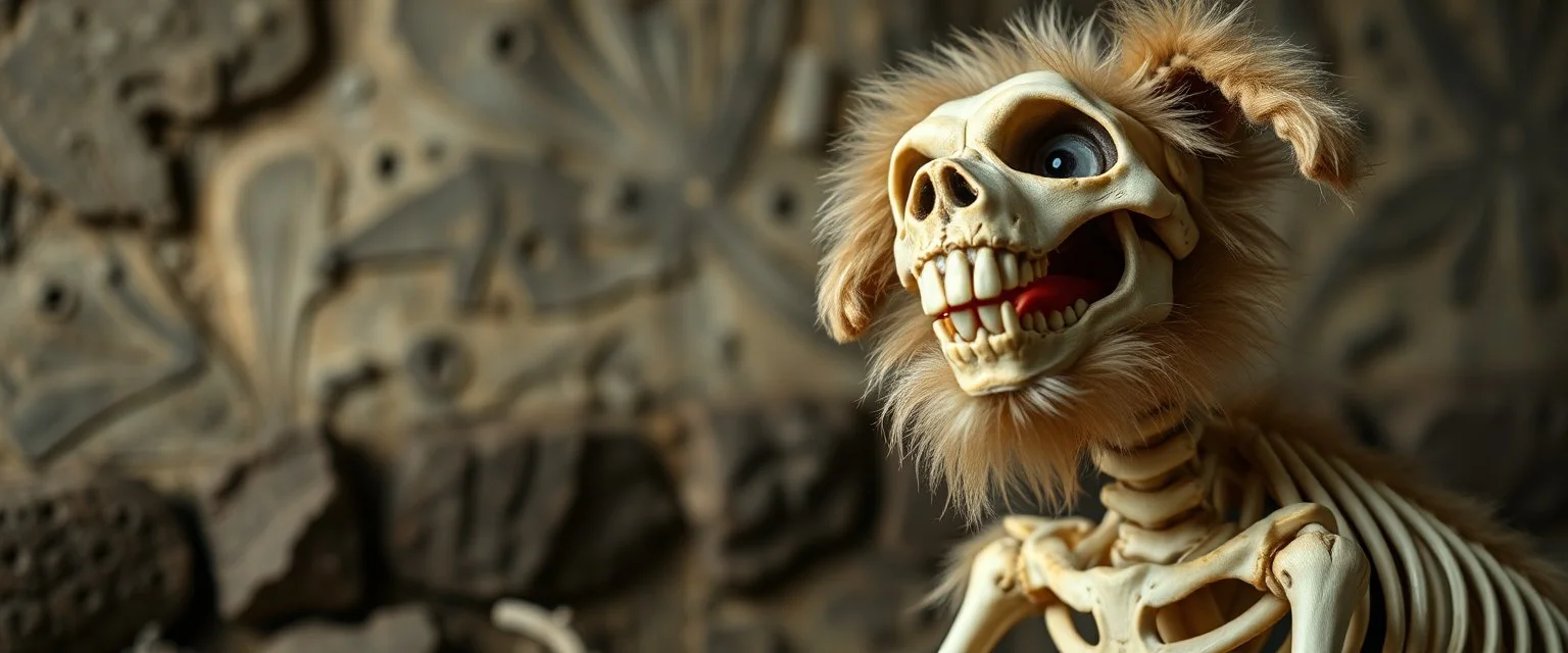 close up on fluffy laughing dog skeleton in a heretic place shaking