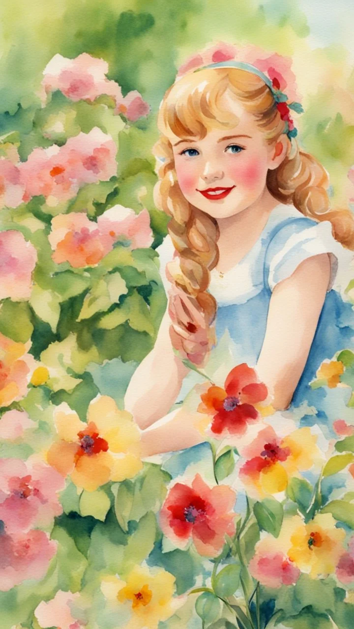 Anne Shirley, vintage, 10 years old, summer, pretty face, beautiful flowers, Eiffel Tower in the background, flowers, colorful, watercolor, watercolor painting, beautiful painting, watercolor detailed art, post card