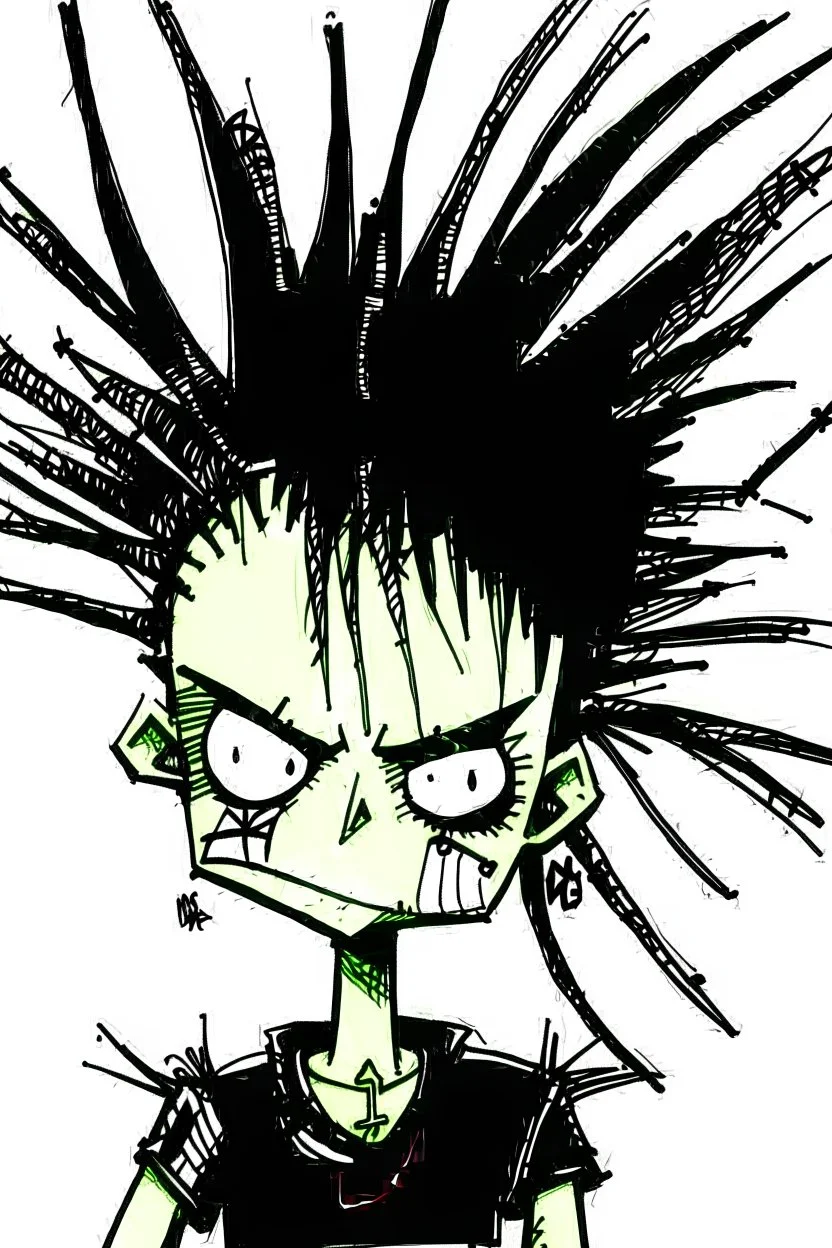 2d drawing of a stickman, cool with punk hair, x eyes like in hangman, sideview of him sitting in a car, arm slightly lifted and resting on door