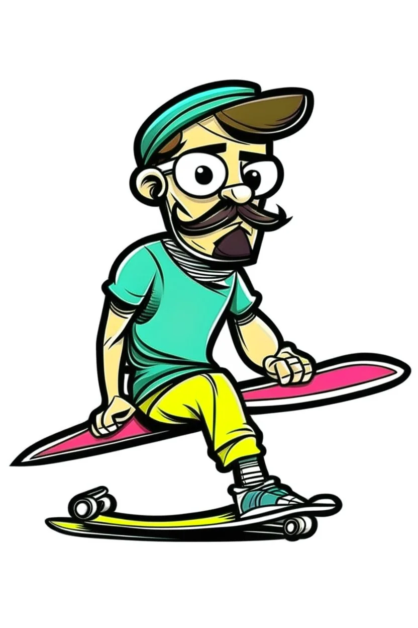 A cartoon with a handlebar mustache and a skateboard tucked under its fin. Style: Retro Comic Book, Mood: Playful and Energetic, Lighting: Flat, bold colors, T-shirt design graphic, vector, contour, white background.