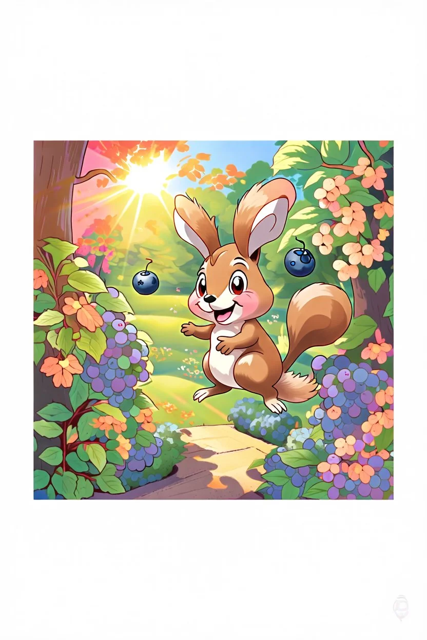 The friendly squirrel holds a blueberry excitingly in the air, the sunlight shining on the blueberry, colorful garden background , child book illustration style, faces must be the same as reference image