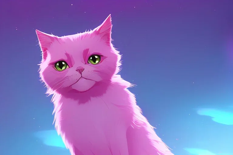 pink and purple cat in space, fluffy,