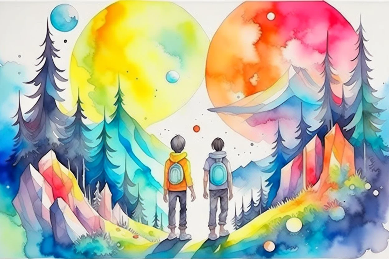 concept art water color style for teenagers in other planet watching the moon and mountains having adventure two teenagers mystery weird cretures trees exiting colorful with details