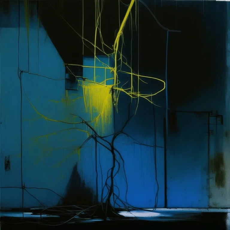 Minimal abstract oil painting of a blue plant in concrete warehouse brutalist architecture and hanging wires illuminated at night. With triadic yellow colours. In the style of Justin Mortimer and Phil Hale, Ashley Wood