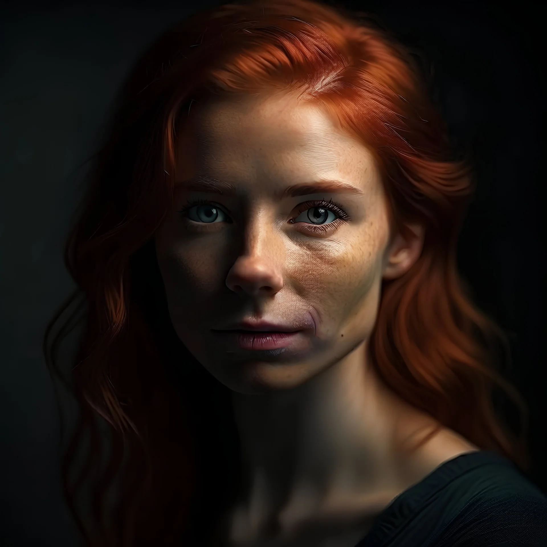 woman, dark background, portrait, neck up, red hair, looking at camera, close up