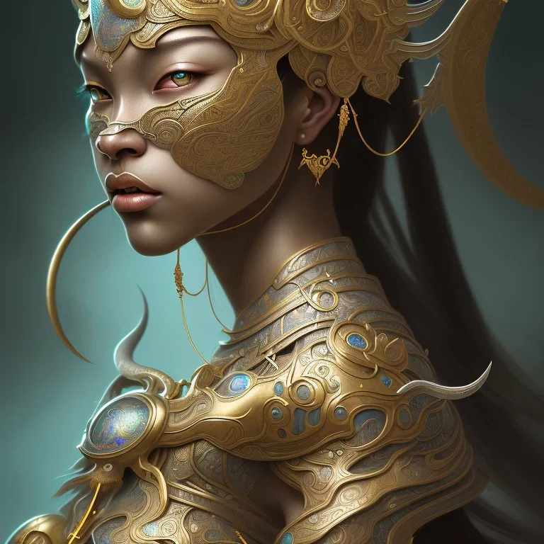 Sango fantasy, fantasy magic, intricate, sharp focus, illustration, highly detailed, digital painting, concept art, matte, art germ and Paul Lewin and Kehinde Wiley, masterpiece Indonesian lady head bronze tiger Asian African girl nice breast Thai hair turquoise silver waves