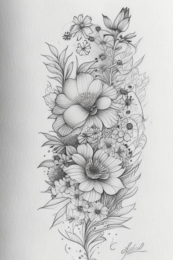 line tattoo design, flowers in a cirkel, detailed