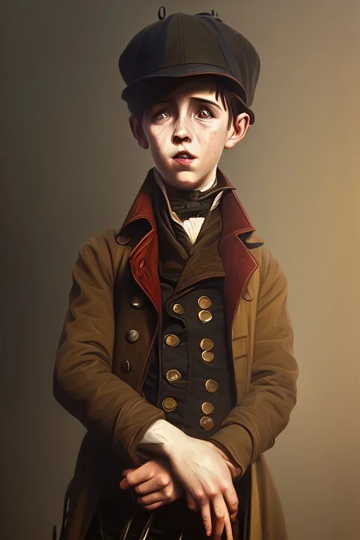 old oil painting, portrait of oliver twist, boy crying, oil on face, 1800s clothes, wearing tophat, factory and oil in background, realistic detail, atmospheric lighting