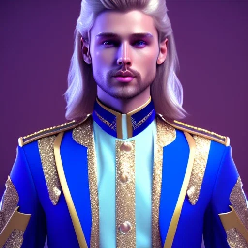 Handsome prince galactic, glitter blue prince suit with jewels and stripes, long blond hair, blue eyes, cinematic lights unreal engine 5, 4k, focus details, beam