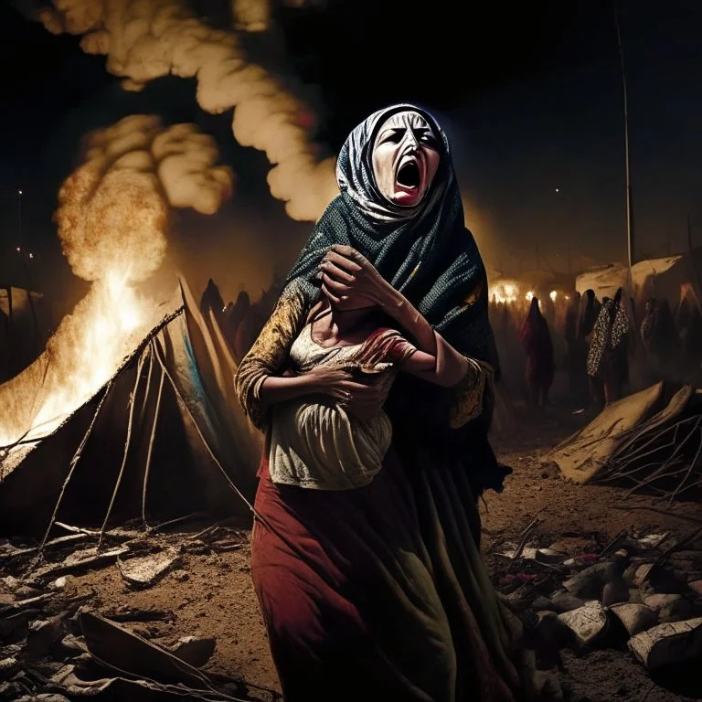 A Palestinian woman wearing the Palestinian dress carries her dead son as she screams and cries at night, with explosions in refugee tents behind her.