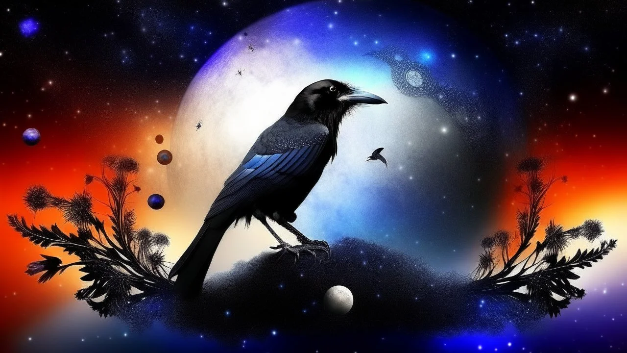 Crow in a space an the background of planets, souls, tree of life