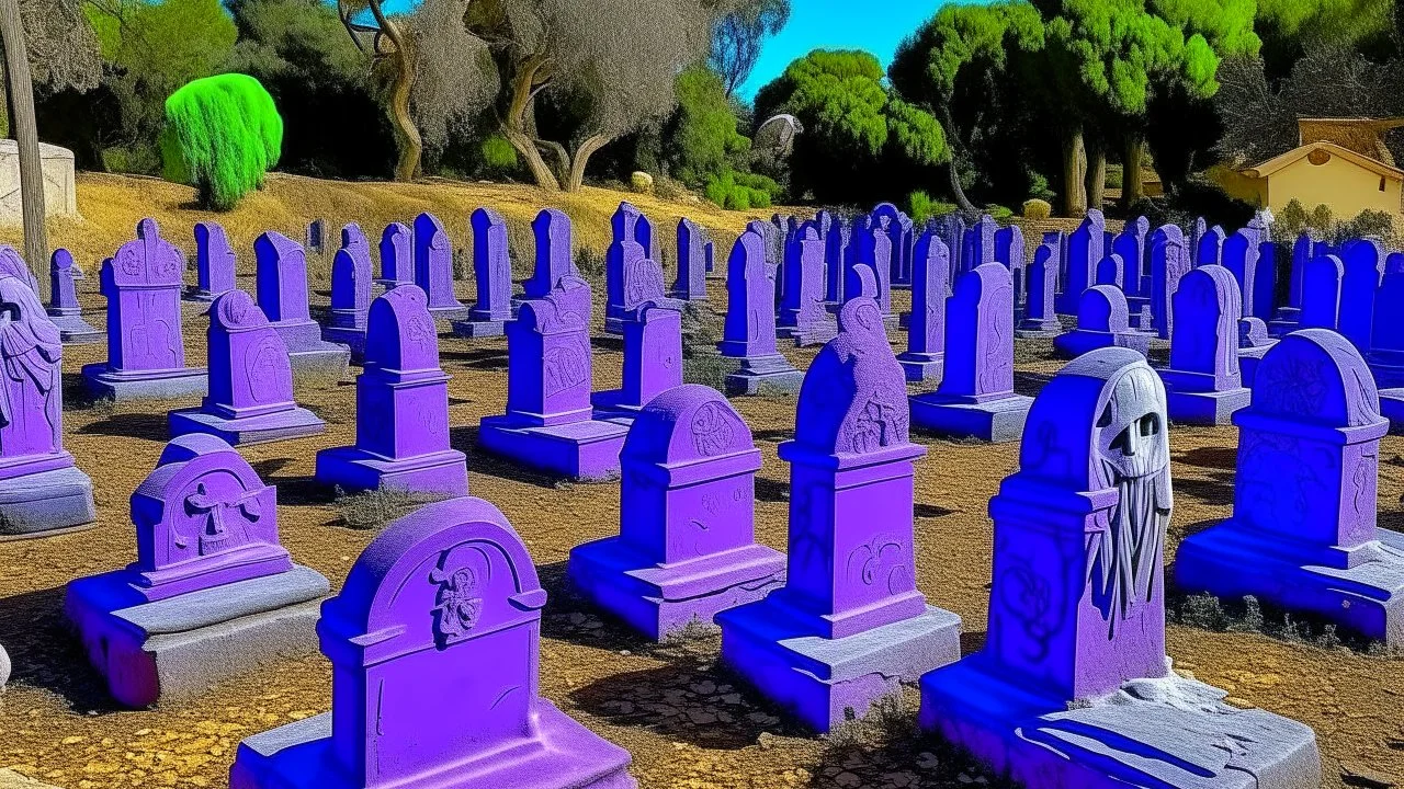 A purple haunted graveyard with ghosts designed in ancient Greek pottery painted by Zosan