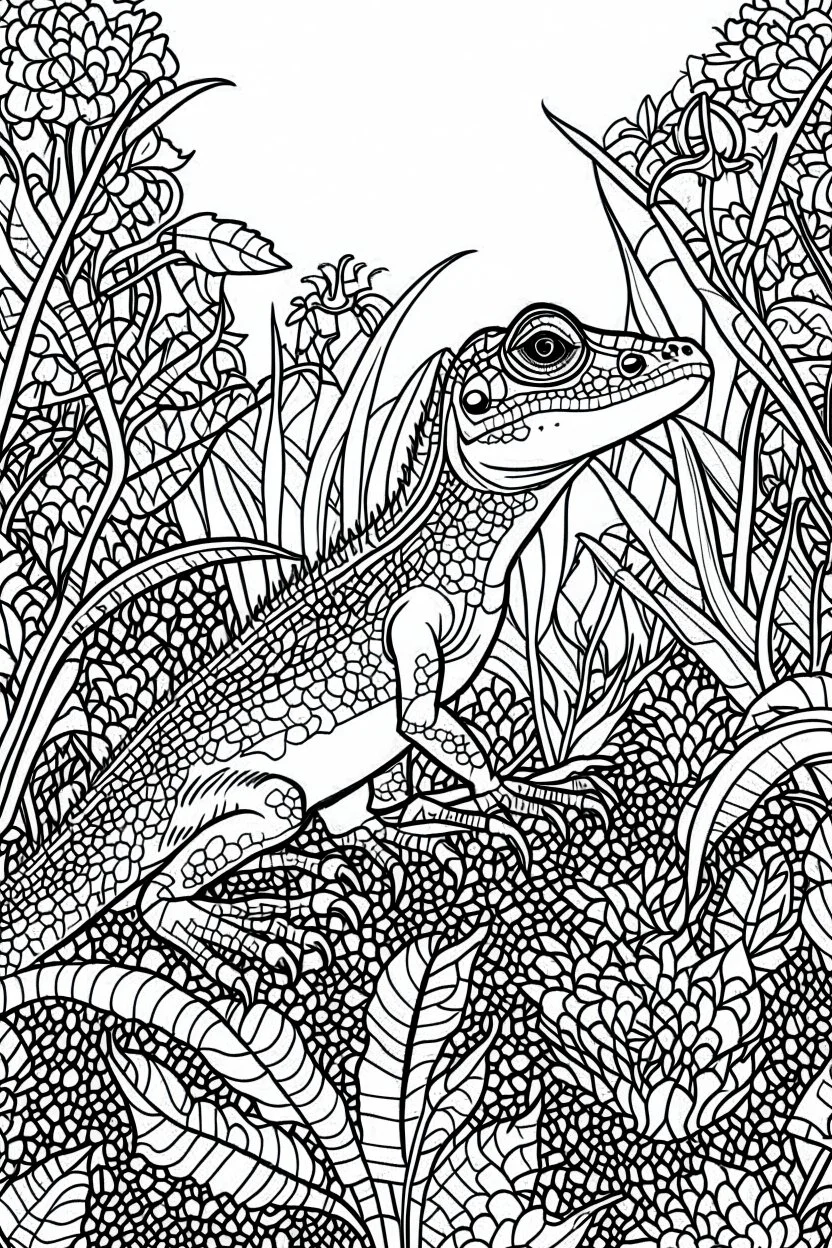 Outline art, lizard in the garden, cartoon style, black and white, low detail, --ar 9:11